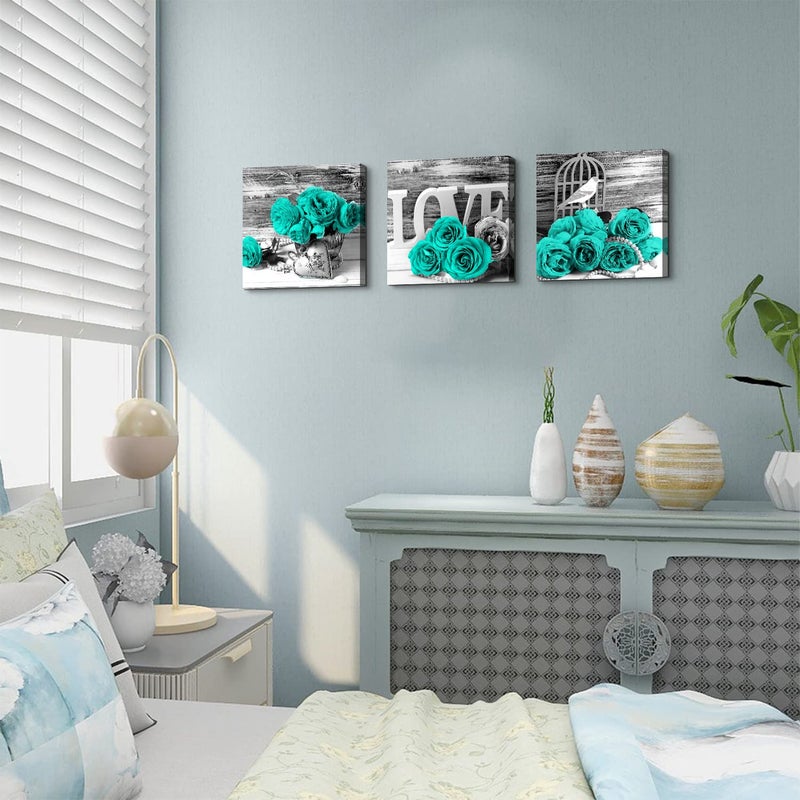 YOOOAHU Teal Bathroom Wall Decor Turquoise Teal and Grey Rose Wall Art for Bedroom Living Room Accessories Love Sign Aqua Green Flower Pictures Floral Poster Canvas Artwork Kitchen Home Decoration 12x12" 3 - Image 3